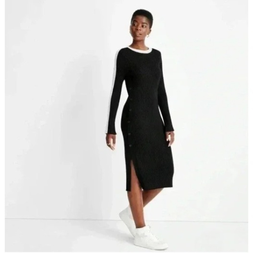 Future Collective Black Ribbed‎ Knit Crew Neck Long Sleeve Midi Dress Size L